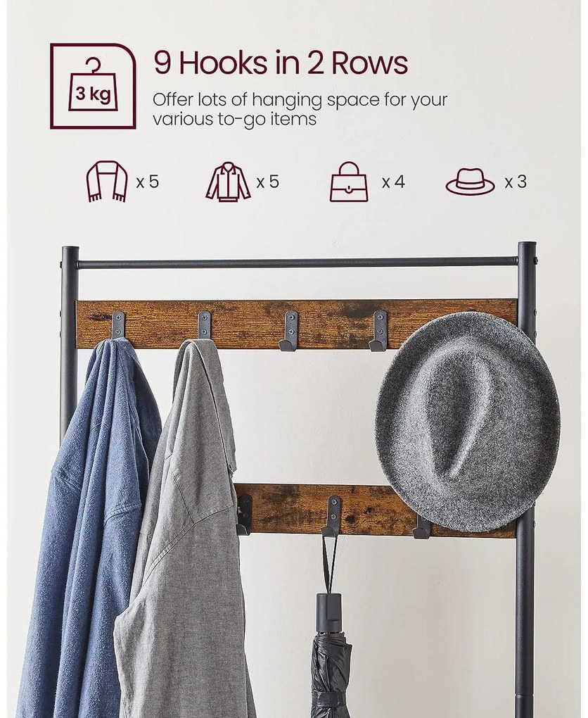 Kabáttartó, ruhafogas cipőtárolóval, rusztikus barna