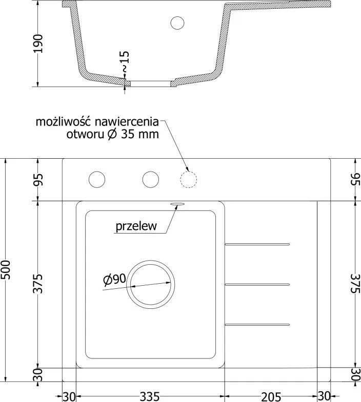 Mexen Ben gránit mosogató 1-medencés csepptálcával, balos 600 x 500 mm, bézs, arany szifon - 6522605000-69-G