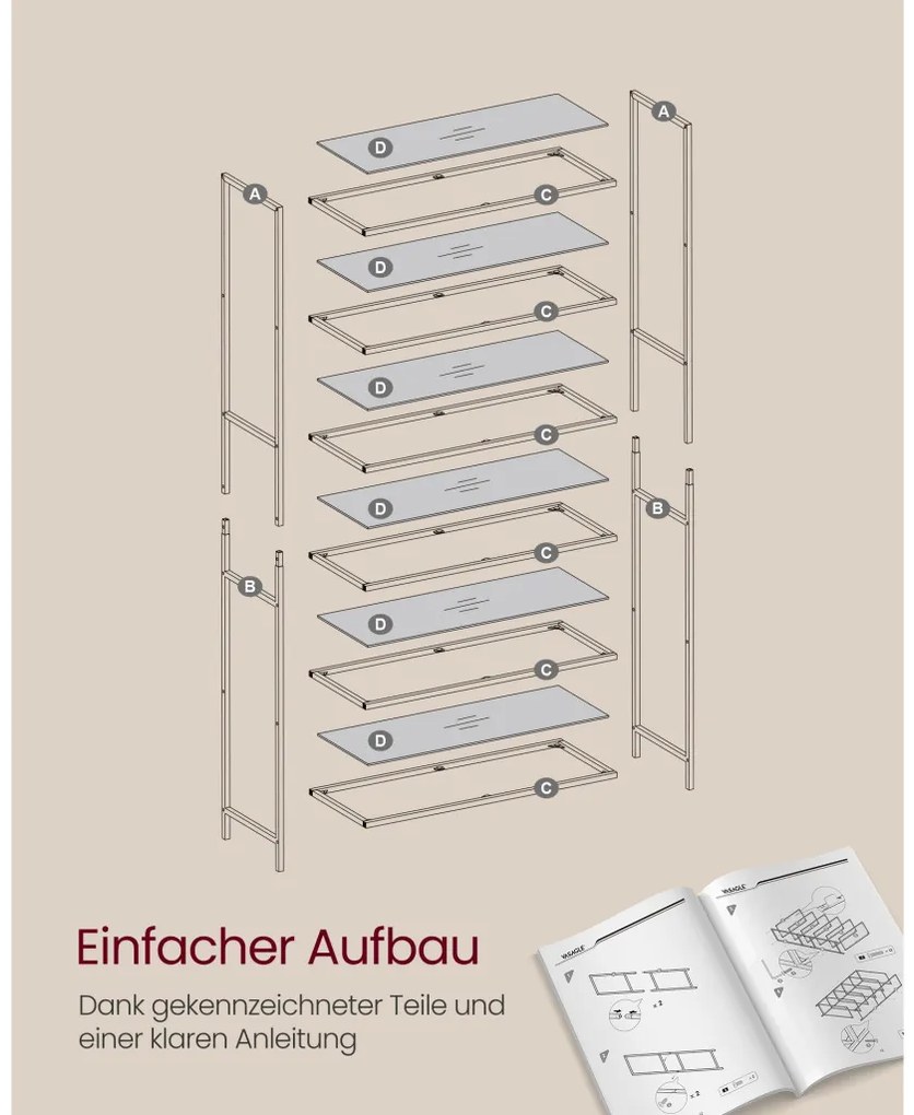Fém tároló állvány üvegpolcokkal, 6 szintes, óarany 80x30x176cm