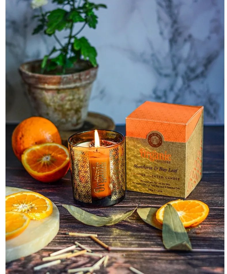 Organikus füstölő gyertya Mandarin &amp; Bay Leaf200 g üvegben, aranyfóliával
