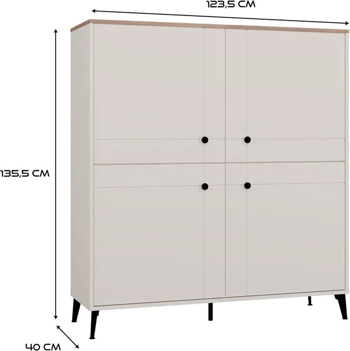 POINT 4S komód 123.5x40x135.5 cm, kasmír, fekete lábakkal, tölgy komód fedlappal