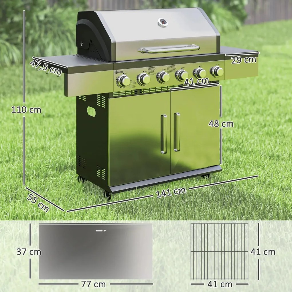 Outsunny Gázgrill 8500BTU, grillkocsi 6 rozsdamentes acél égővel, hőmérővel, nyomásszabályozóval, ezüst