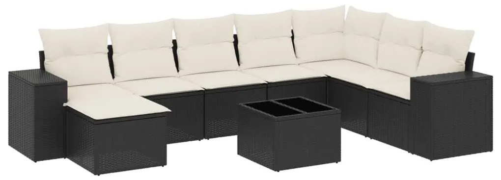 9 részes fekete polyrattan kerti ülőgarnitúra párnákkal