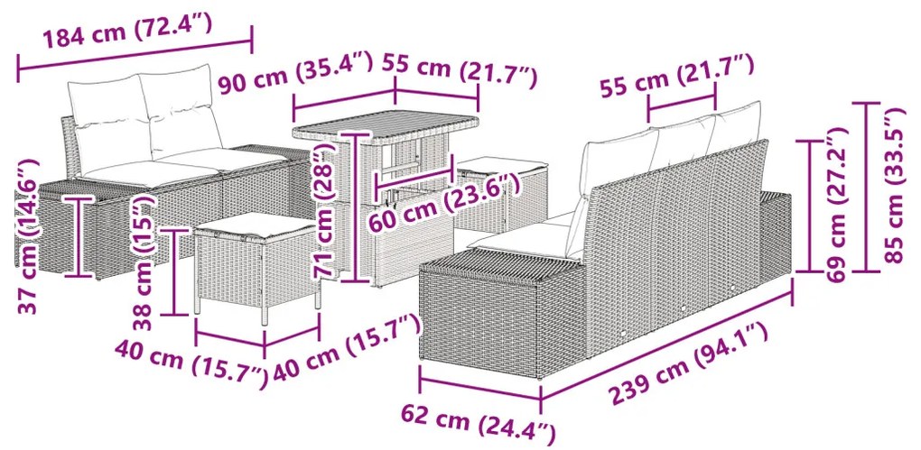 8 darabos Kert Szófa Készlet Párnákkal Bézs Poli Rattan Akác
