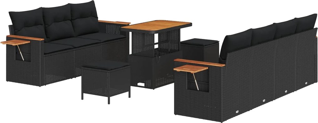 vidaXL Kerti Kanapé Szett 10 pcs Fekete Poli rattan és porfestett acél