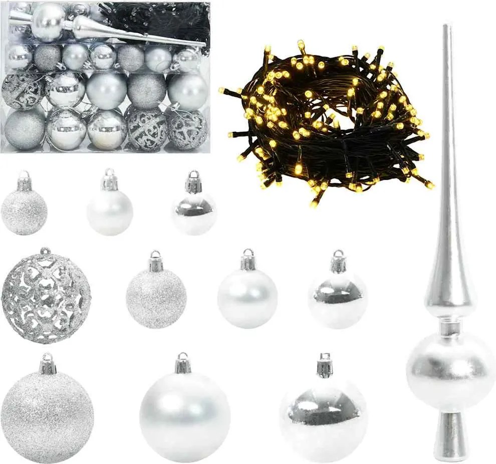 vidaXL Karácsonyi Díszgömb Készlet 150 LED-del 61 pcs Ezüst Műanyag