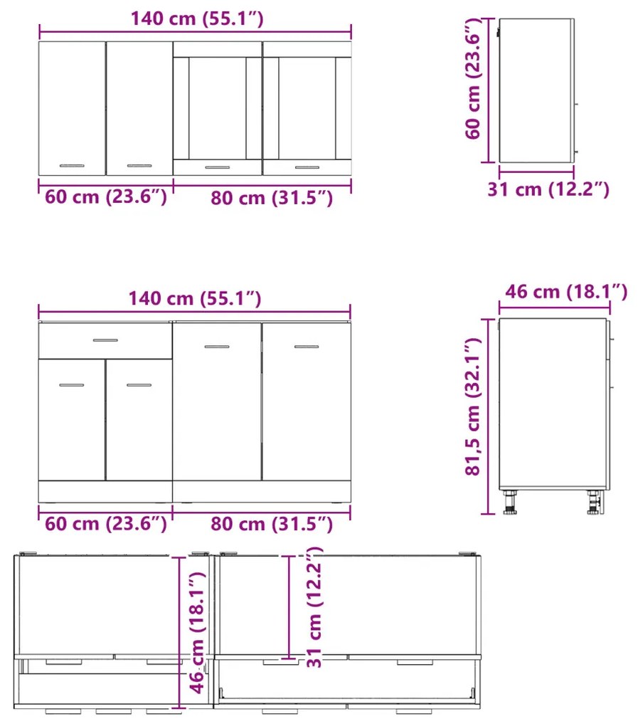 Konyhaszekrény garnitúra 4 pcs Füstölt tölgy 140 x 46 x 81.5 cm