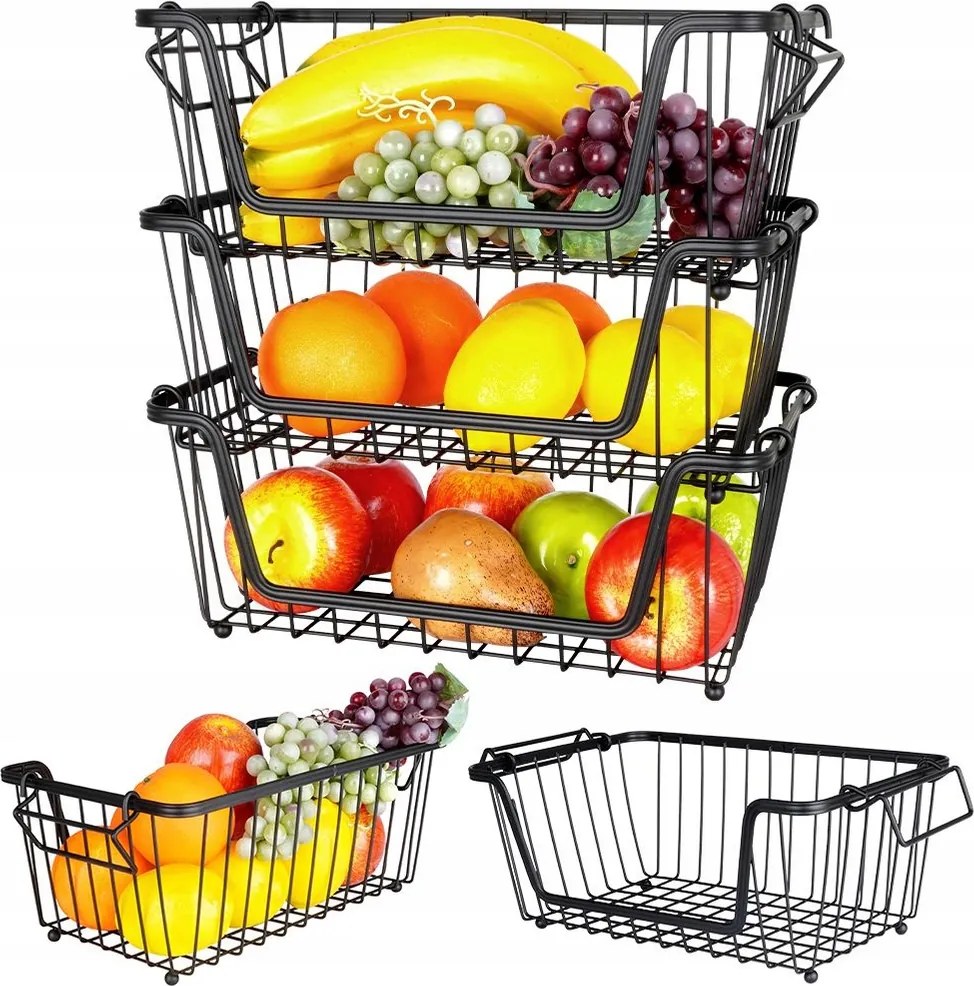 Háromszintes kosár 3 szintes zöldség-gyümölcs fém fekete patera