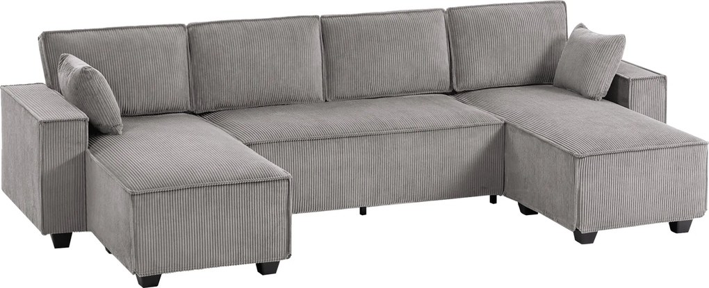HOMCOM 311 cm-es U-alakú sarokkanapé dupla chaise-kkel, kordbársony, széles mély ülések, zsebrugós ülőpárnák, széles kartámaszok, 4 személyes — világo
