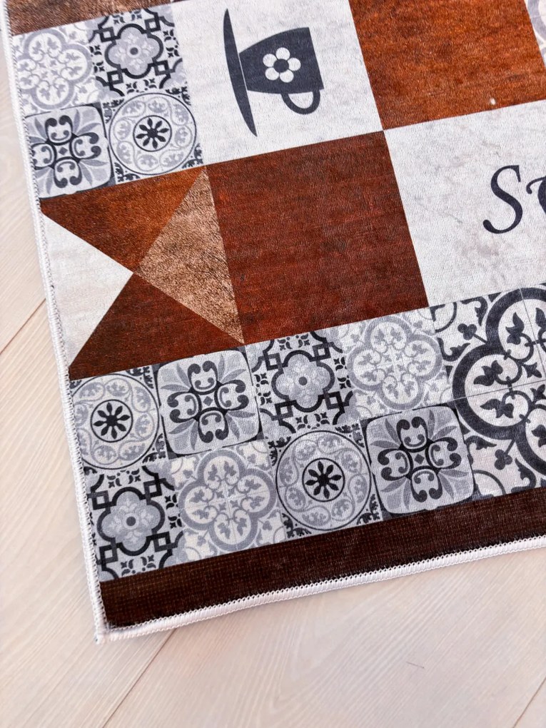 Szürke és barna vintage csempe mintás konyhai szőnyeg 70x200 cm