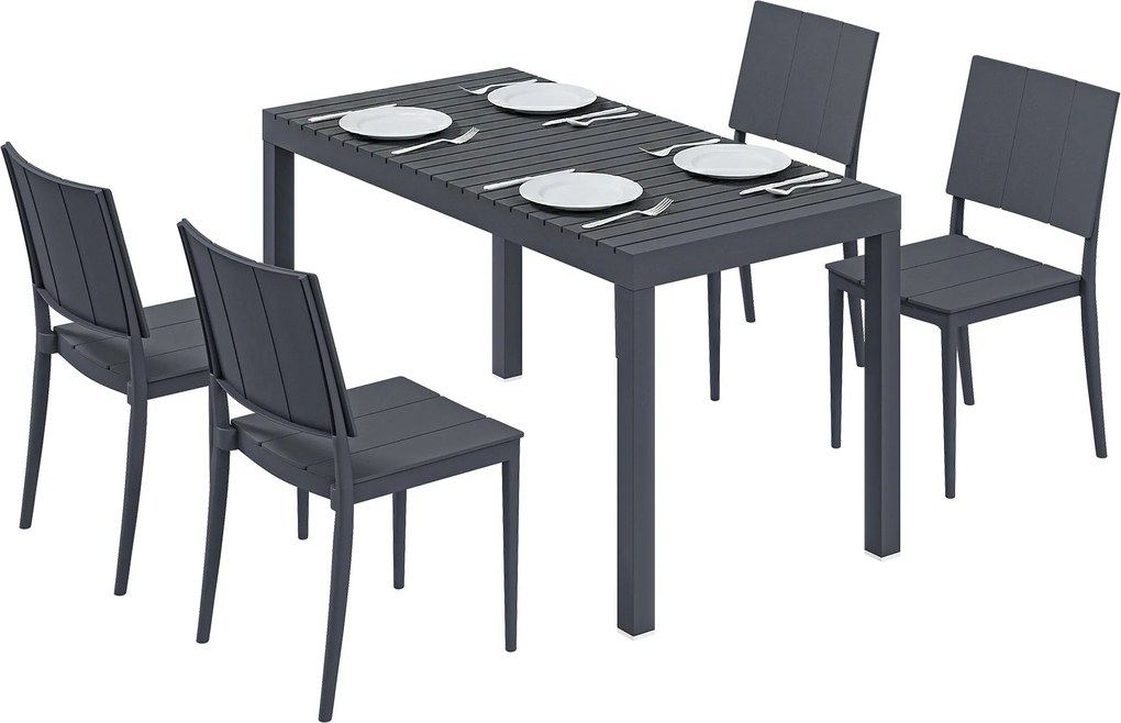 Outsunny 4 személyes kerti étkezőgarnitúra – egymásra rakható székek, PP lamellás asztal, antracitszürke | Aosom