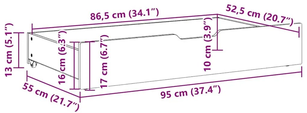 2 db tömör fenyőfa ágy alatti fiók kerékkel 95 x 55 x 17 cm