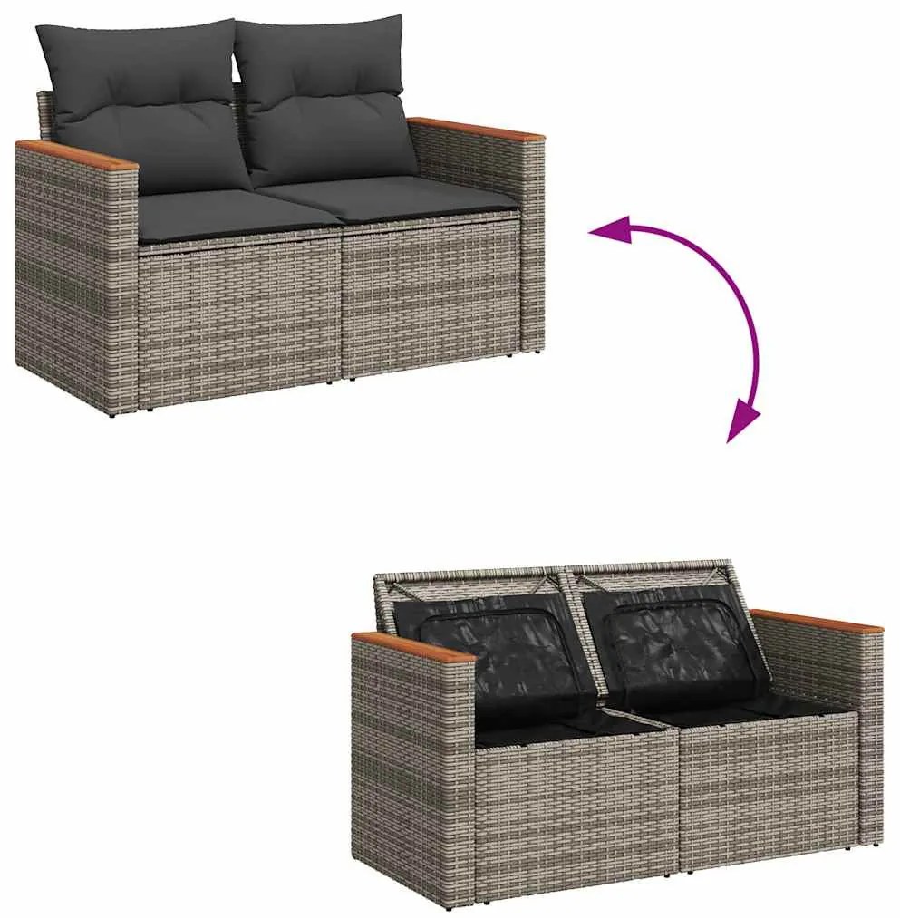 11 részes szürke polyrattan akácfa kerti ülőgarnitúra párnákkal