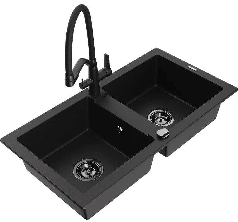Mexen Mario 2 rekeszes gránit mosogató Duo konyhai csappal, fekete - 6504-77-671701-70-B