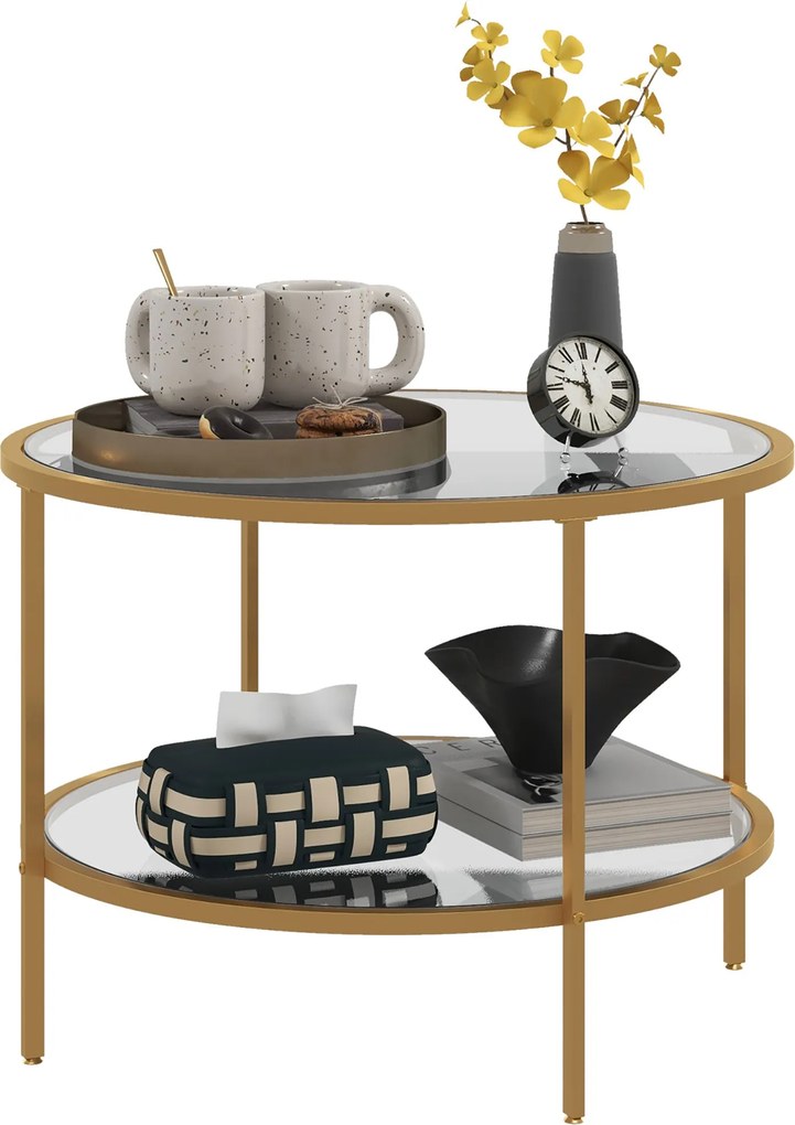 HOMCOM Kerek Oldaltábla Kávézóasztallal, Polccal, Acélváz, Kávézóasztal, Éjjeliszekrény a Nappaliban, Hálószobában, Arany, Ø60 x 43 cm | Aosom
