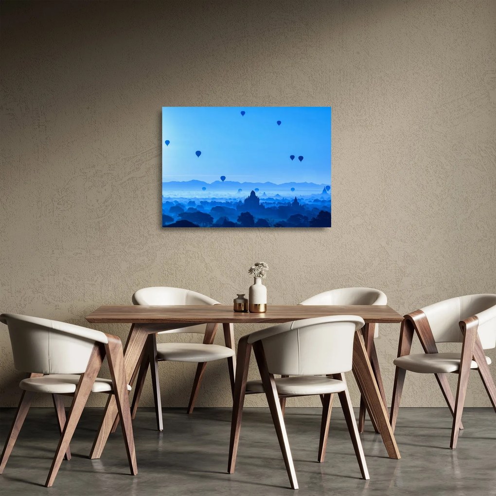 Kép - léggömbök a táj felett (üvegen) (70x50 cm)