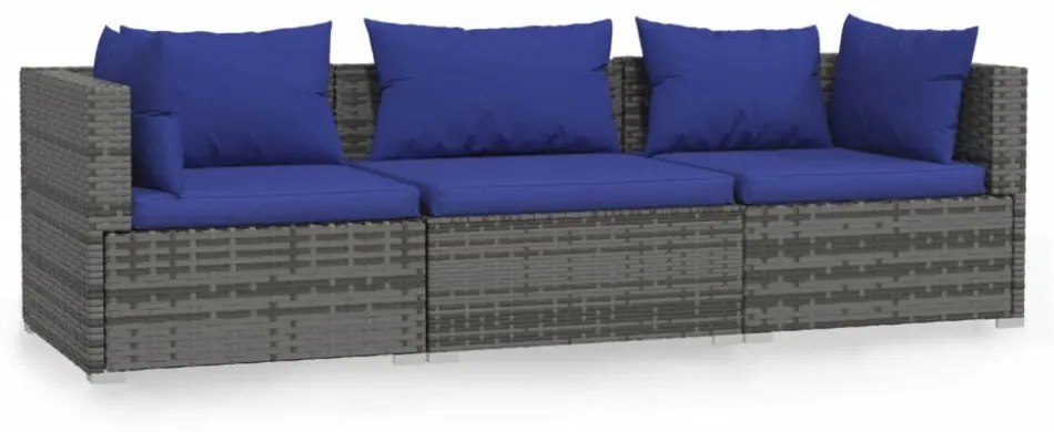 3 személyes szürke polyrattan kanapé párnákkal