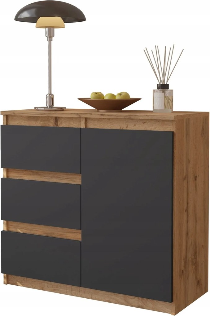 Komód Wotan Tölgy Antracit 3 Fiókos 1 Ajtós Polc, Szekrény 80 CM Nappali