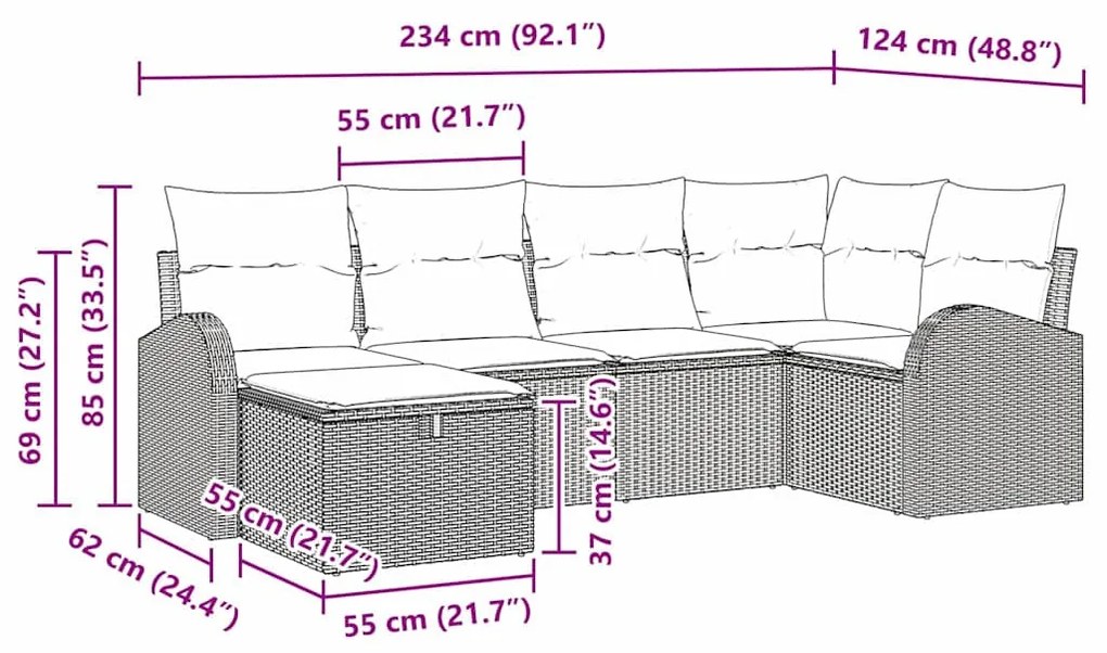 Kerti Kanapé Szett 6 pcs Barna és krémszínű 234 x 124 x 85 cm