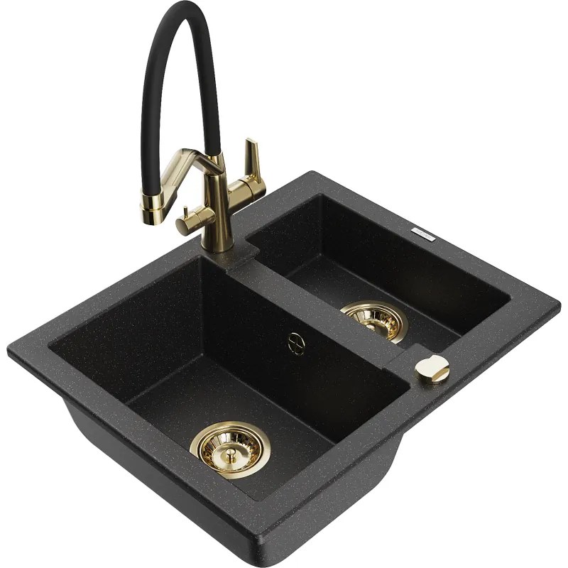 Mexen Carlos 1,5 medencés gránit mosogató Duo konyhai csapteleppel, fekete/ezüst metál - 6518-73-671701-57-G