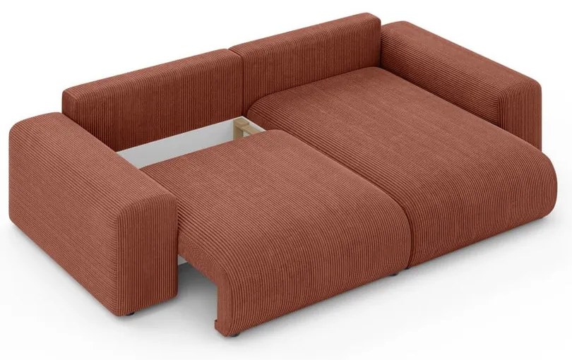 Téglavörös kordbársony kinyitható tárolóhelyes sarokkanapé (variálható sarok) Luma – Ropez