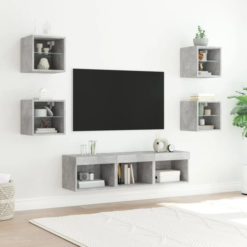 7 darab betonszürke szerelt fa fali TV-bútor LED-del