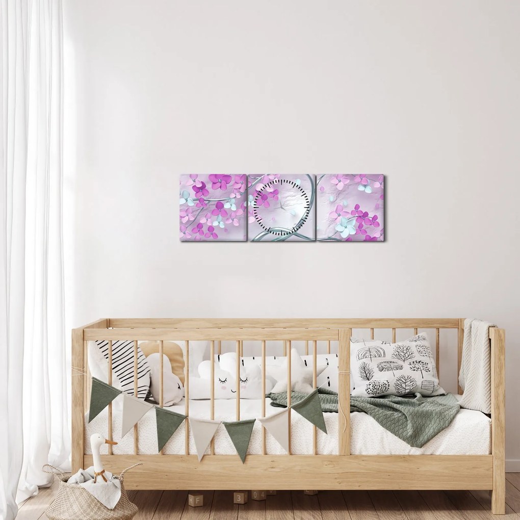 Virágok képe egy ezüst törzsön - absztrakt (órával) (90x30 cm)