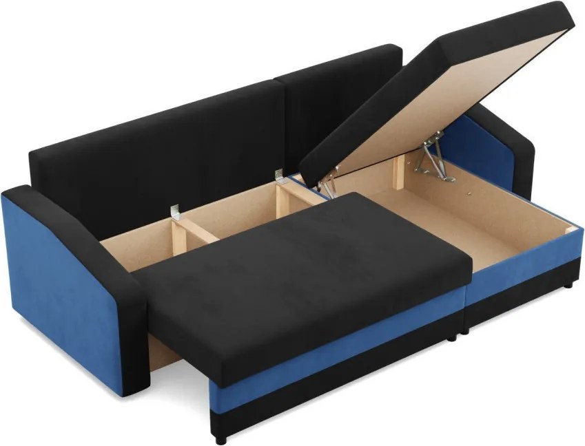 Hewlet sarokkanapé, 2 ágyneműtartóval, szövet anyag, univerzális oldal, hab töltet, fekete - kék