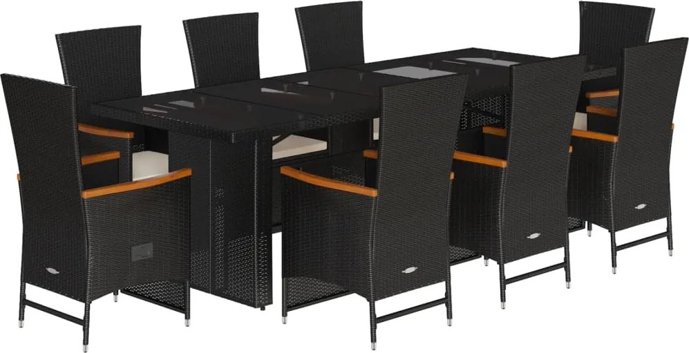 vidaXL 9 részes fekete polyrattan kerti étkezőgarnitúra párnákkal