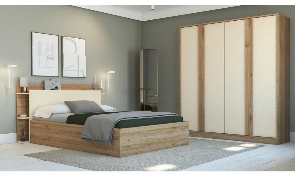 Krémszínű-natúr színű ruhásszekrény tölgyfa dekorral 180x197,5x53 cm Dennis – Marckeric