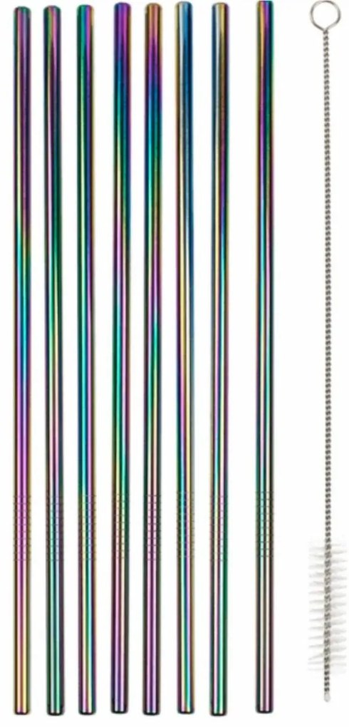 Rozsdamentes acél szívószál készlet kefével , 8 db, szivárványos színben