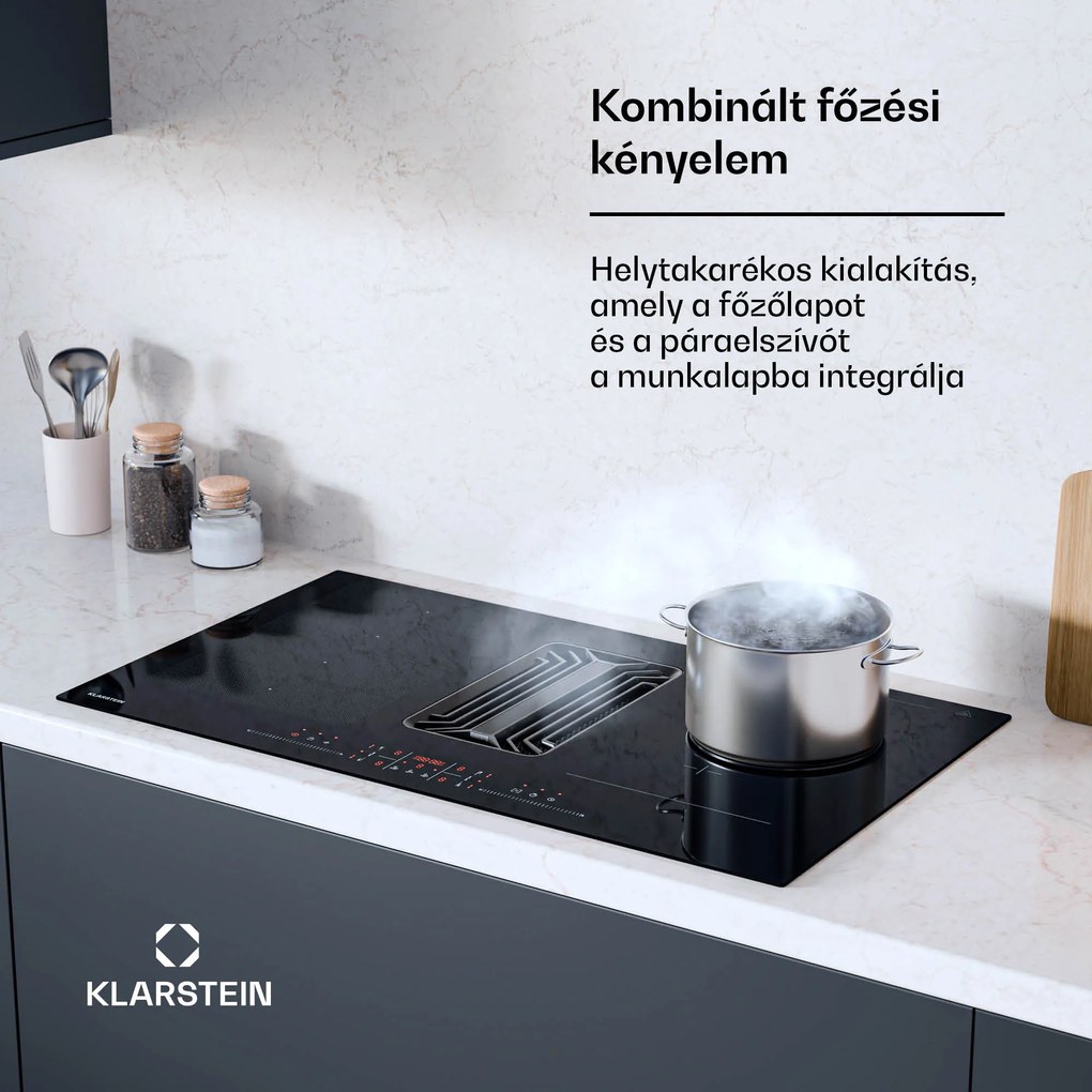 Klarstein AirJet Hybrid Down Air System, Indukciós főzőlap beépített páraelszívóval, 600 m³/h, EEK A+