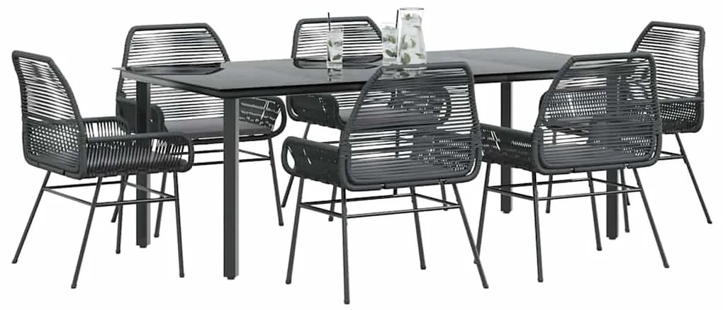 vidaXL 7 részes fekete polyrattan üveg kerti étkezőgarnitúra párnákkal