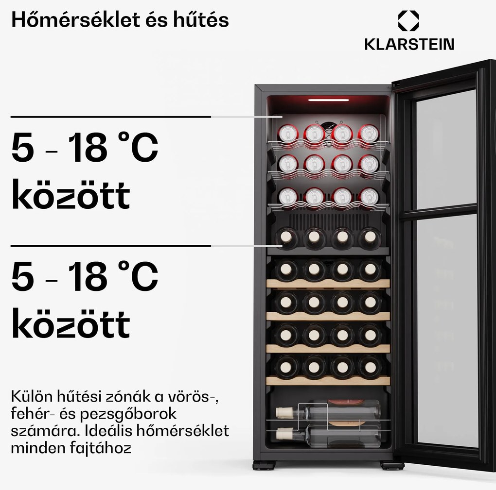 Klarstein Bovella 36 Duo+ borhűtő, 2 az 1-ben, 36 palack, 2 zóna, 7 polc, Érintéses vezérlés