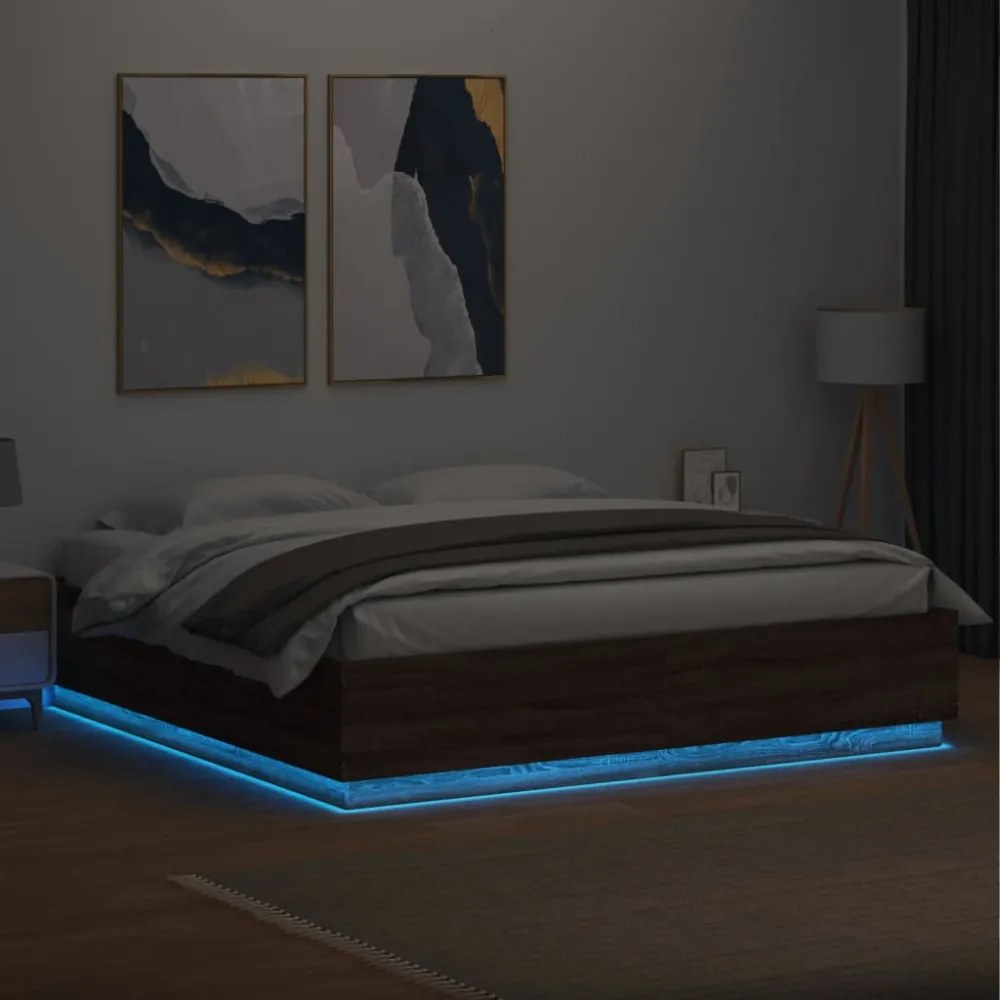 barna tölgy színű szerelt fa ágykeret LED-del 200 x 200 cm