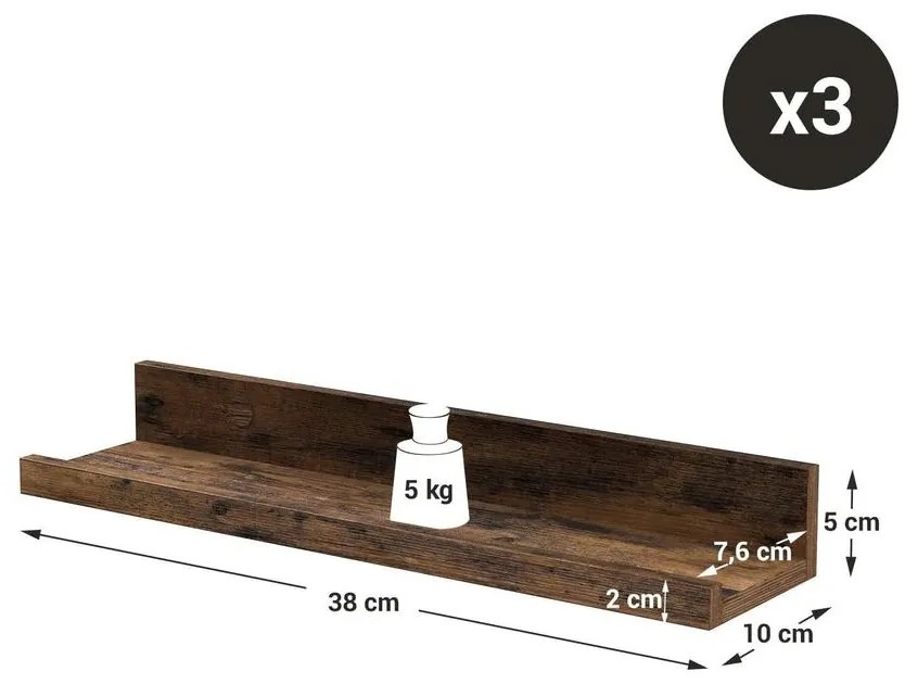 Falipolcok 3 db lebegő polc készlet, hossza 38 cm, rusztikus barna