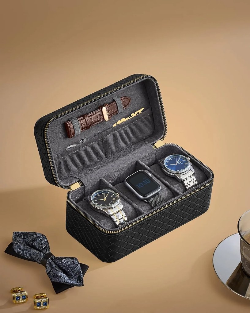 3 nyílásos óra utazótok, óradoboz 3 órához, tinta fekete felület, palaszürke bélés