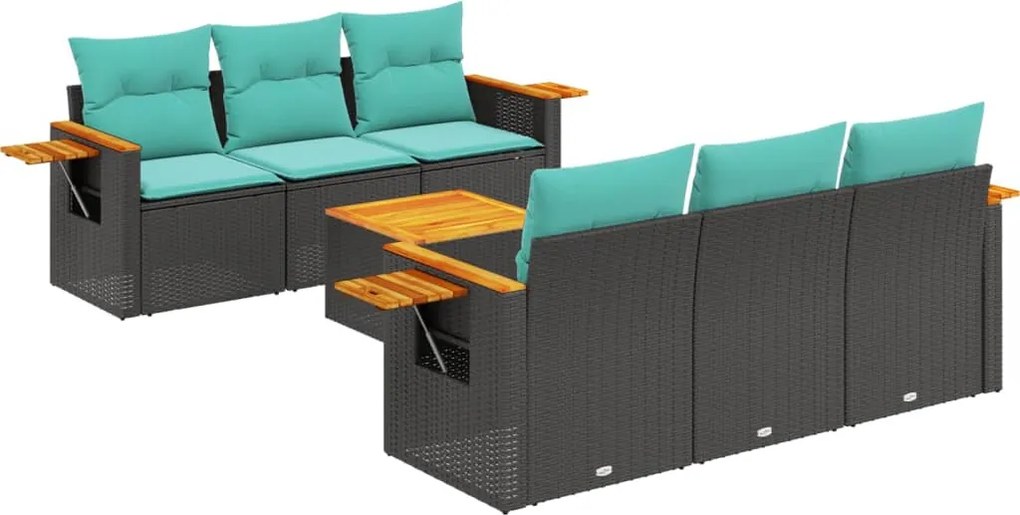 vidaXL 7 részes fekete polyrattan kerti ülőgarnitúra párnákkal