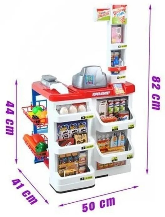 PROCART Szupermarket készlet, 24 kiegészítő, fények, hangeffektusok, bevásárlókosár, pénztárgép, 82x50x44 cm