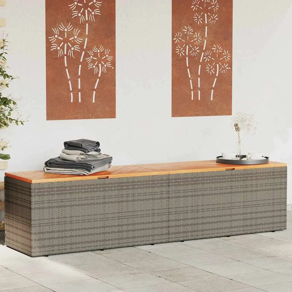 Szürke Polyrattan És Akácfa Kerti Tárolóláda 220 X 50 X 54 Cm
