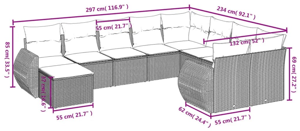 10 részes szürke polyrattan kerti ülőgarnitúra párnákkal