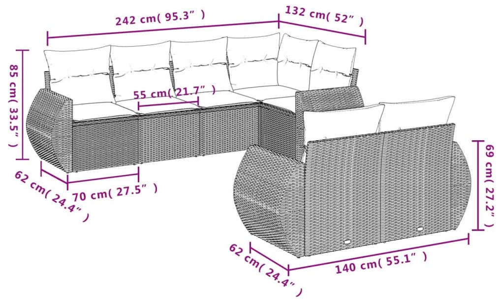 7 részes fekete polyrattan kerti ülőgarnitúra párnával