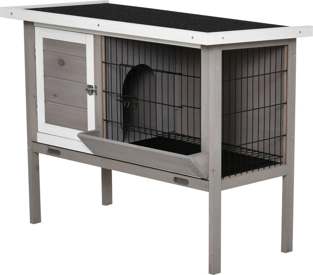 PawHut Kültéri Fa Nyúlketrec Emelt Állványon, Nyulaknak, Törpemalacoknak és Más Kisméretű Állatoknak, Kihajtható Bitumen Tetővel, Etetővel, Kivehető T