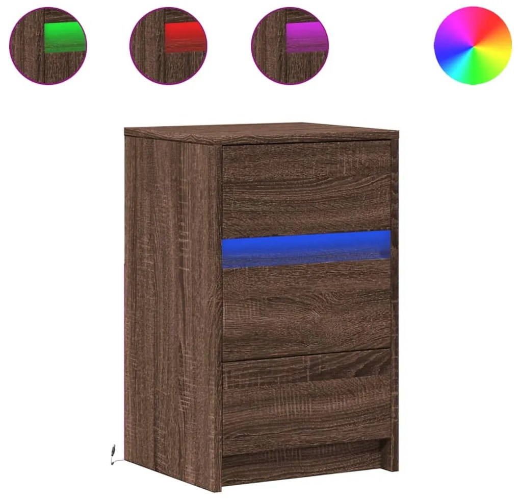 Barna tölgyszínű szerelt fa éjjeliszekrény LED-fényekkel