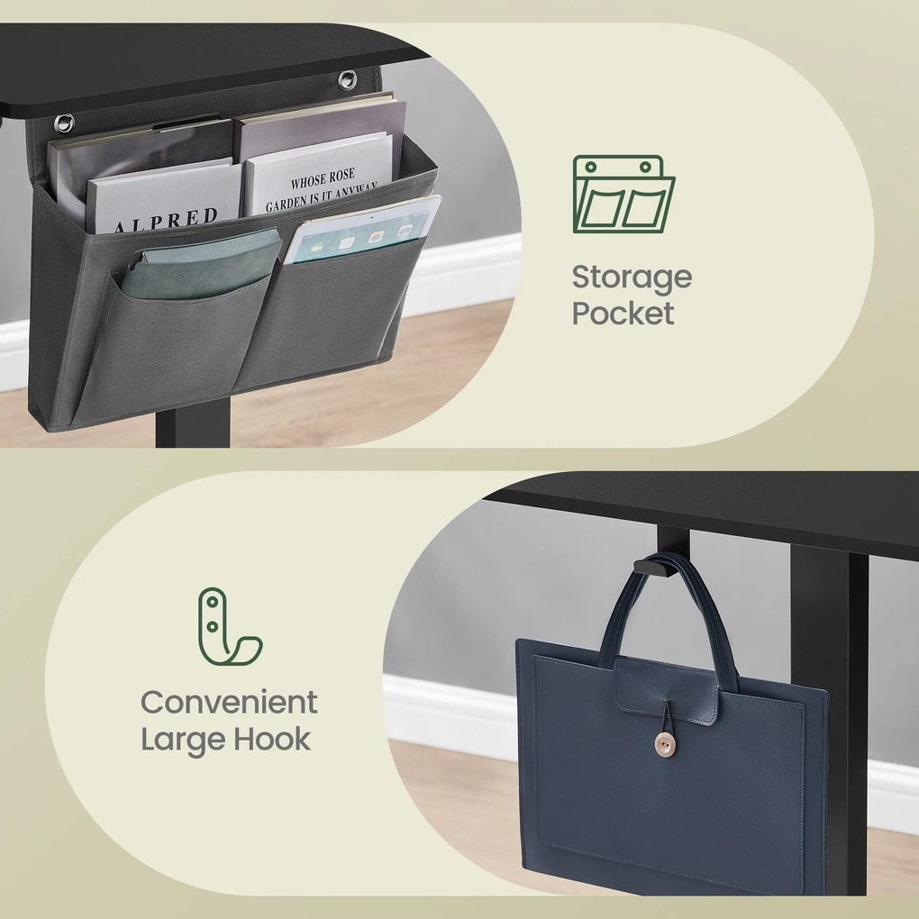 Elektromos állítható magasságú íróasztal, 160×70 cm, 4 memóriapozícióval, fekete