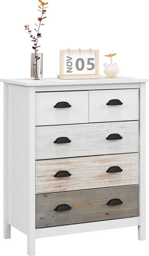 HOMCOM 5 Fiókos Komód Tároló Szekrény, Fogantyúval Ellátott Fiókos Szekrény, Dőlést Megakadályozó Védelem, Hálószobába, Nappaliba, Fehér, 70 x 38 x 85