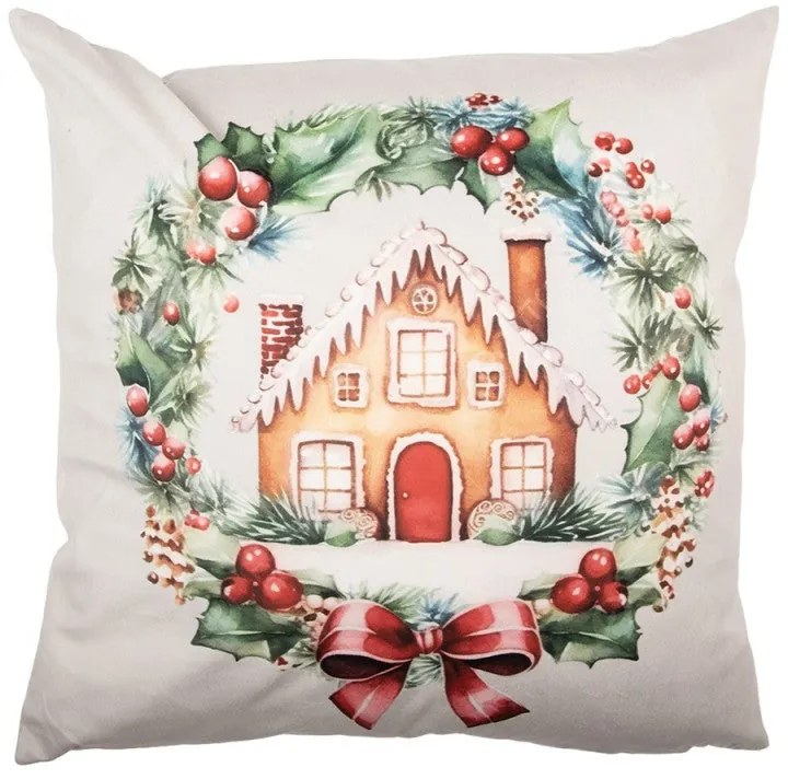 Karácsonyi párnahuzat 45x45 cm koszorúban mézeskalács házikó