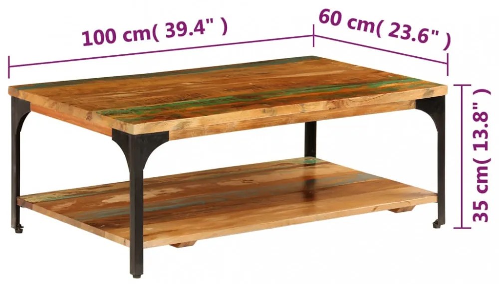 tömör újrahasznosított fa dohányzóasztal polccal 100x60x35 cm