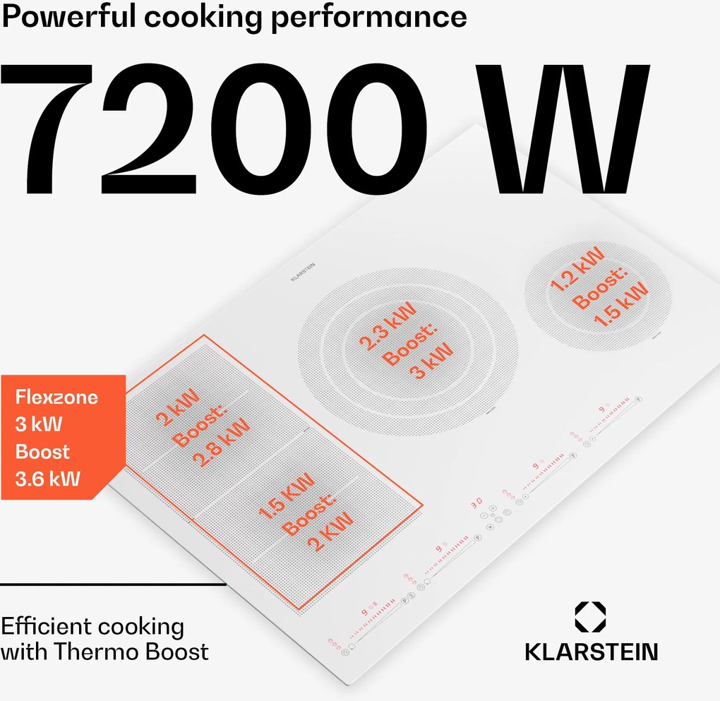 Klarstein Masterzone 77 Hibrid, indukciós főzőlap, max. 7200 W, beépített, 4 Flex zóna, ThermoBoost technológia, Smart Flex
