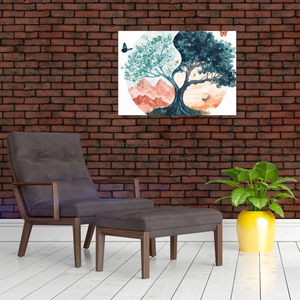 Üveg kép – Akvarellfa tele élettel (70x50 cm)